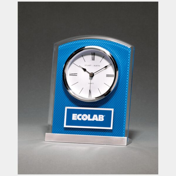 5" x 6 1/2" Glass Clock with Carbon Fiber Design on Aluminum Base and Laser Engravable Plate Thumbnail
