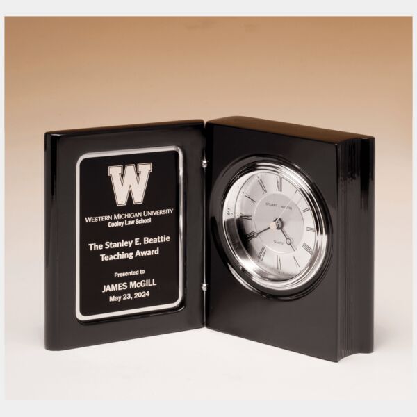 5 3/8" x 4 1/4" Piano Finish Book Clock with Diamond Spun Dial, 3 Hand Movement, Plate Thumbnail