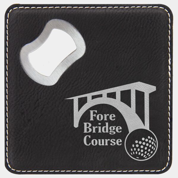 4" x 4" Square Laserable Leatherette Coaster with Bottle Opener Thumbnail
