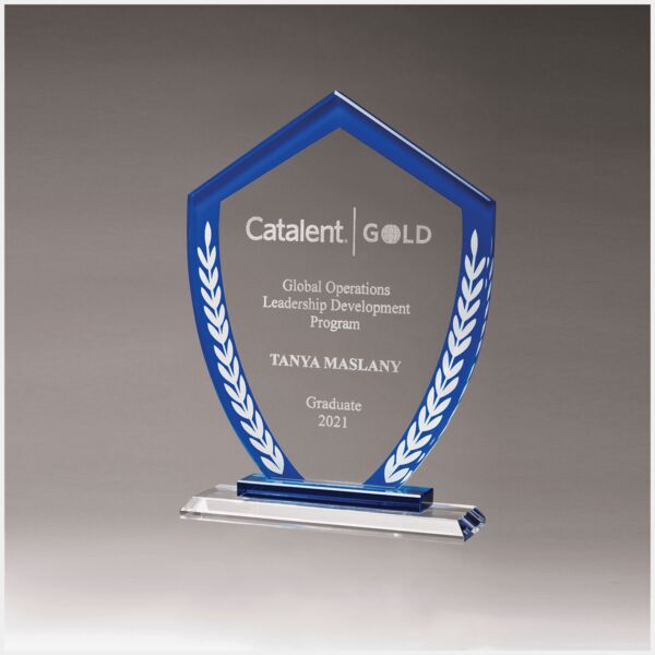 6 5/8" x 9" Shield Shaped Glass Award with Border and Laurel Leaves Thumbnail