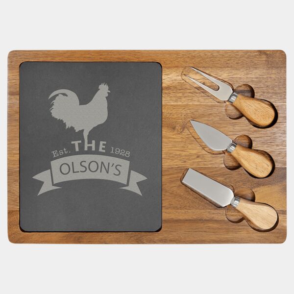13 3/4" x 9 3/4" Acacia Wood/Slate Rectangle Cheese Set with Three Tools Thumbnail