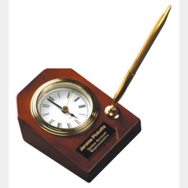 3 5/8" x 4 3/4" Piano Finish Desk Clock with Pen Thumbnail