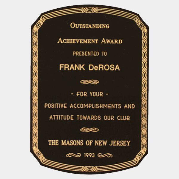 5 5/8" x 6 5/8" Laserable Brass Notched Corner Plate with Radius Top and Bottom, Florentine Design Border, and Four Holes Thumbnail