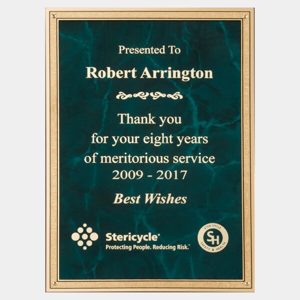 7" x 10" Emerald Marble Brass Plated Steel Plate with 4 Holes and Florentine Border Thumbnail