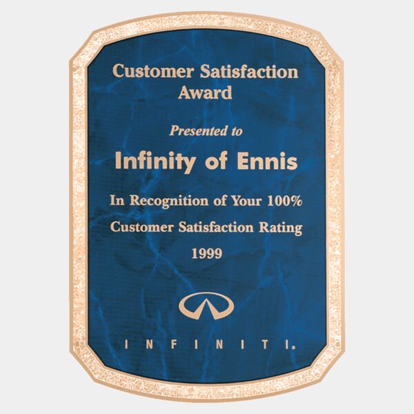 5 5/8" x 6 5/8" Brass Plated Steel Sapphire Marble Notched Corner Plate with Radius Top and Bottom, Florentine Border and Four Holes Thumbnail