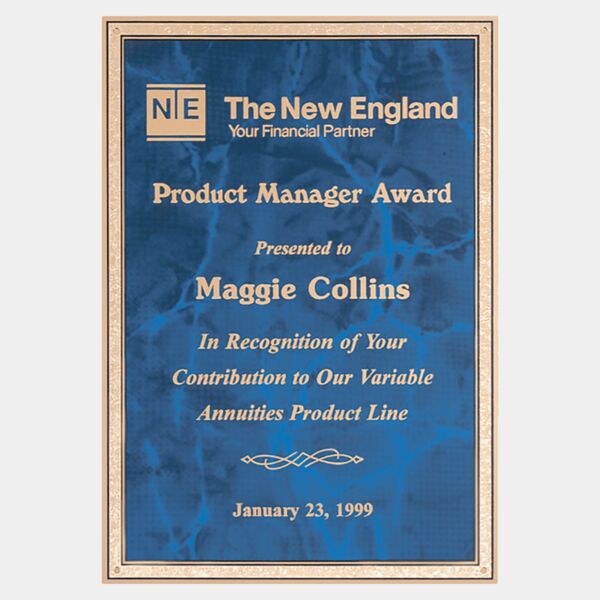 7" x 10" Sapphire Marble Brass Plated Steel Plate with Florentine Border and Four Holes Thumbnail