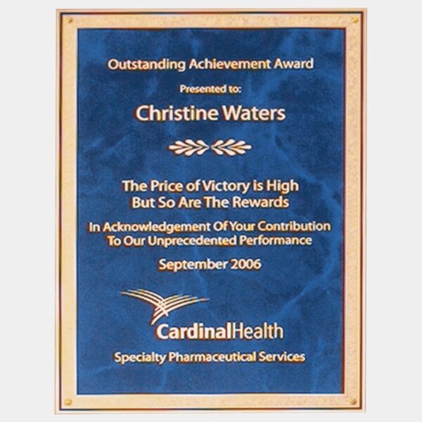 6 1/4" x 8 3/4" Sapphire Marble Laser Engravable Brass Plated Steel Plate with Florentine Border and Four Holes Thumbnail