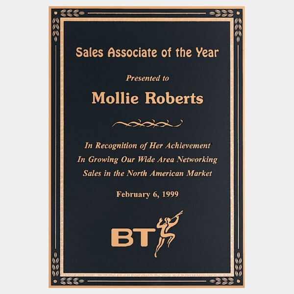 7" x 10" Laser Engravable Brass Plated Steel Plate with Leaf Corners, Florentine Design Border and Four Holes Thumbnail