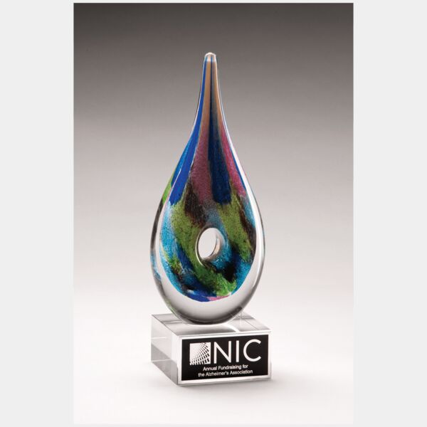 9 7/8" Multi-Colored Teardrop Art Glass on Glass Base with Laserable Aluminum Plate Thumbnail
