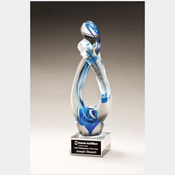 12" Contemporary Sculpture with Accent Art Glass on Glass Base with Laserable Aluminum Plate Thumbnail